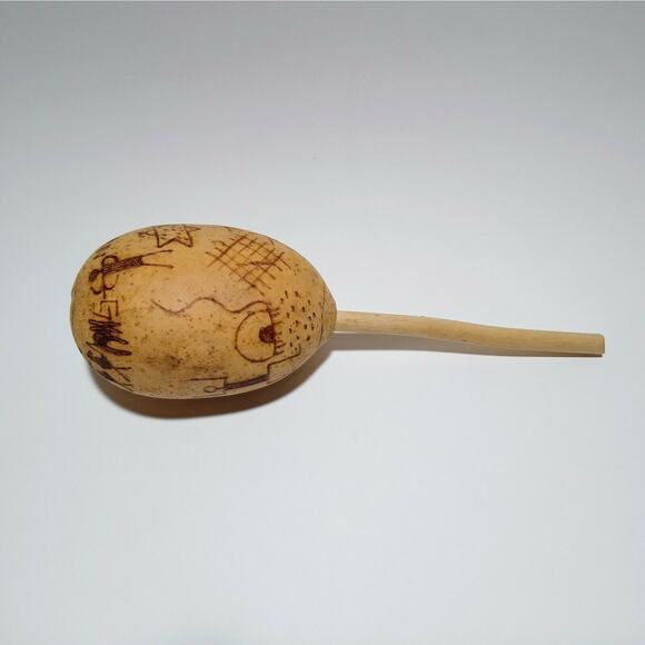 7.5" Native American Animal Hide Hand Drum & 11" Hand Carved Pictograph Maraca - Picture 3 of 8